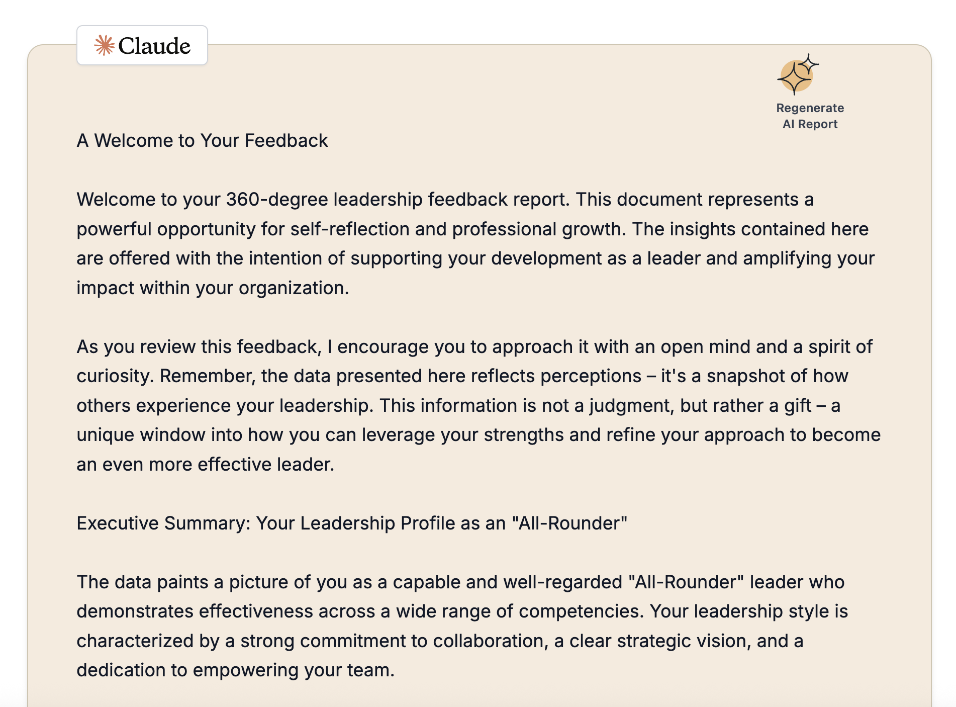 See how AI transforms raw feedback into strategic leadership intelligence. Our summary provides executive-level insights, core strengths analysis, and prioritized development opportunities.